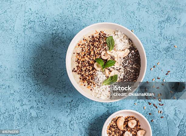 Super Food Smoothie Bowl Healthy Breakfast Stock Photo - Download Image Now - Flax Seed, Chia seed, Breakfast