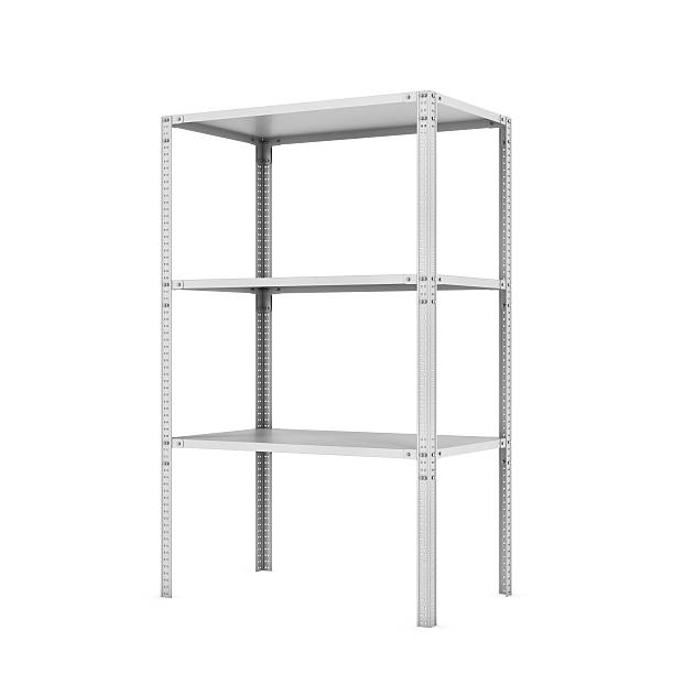 istock Rendering of metal rack with three shelves, isolated on a 615741174