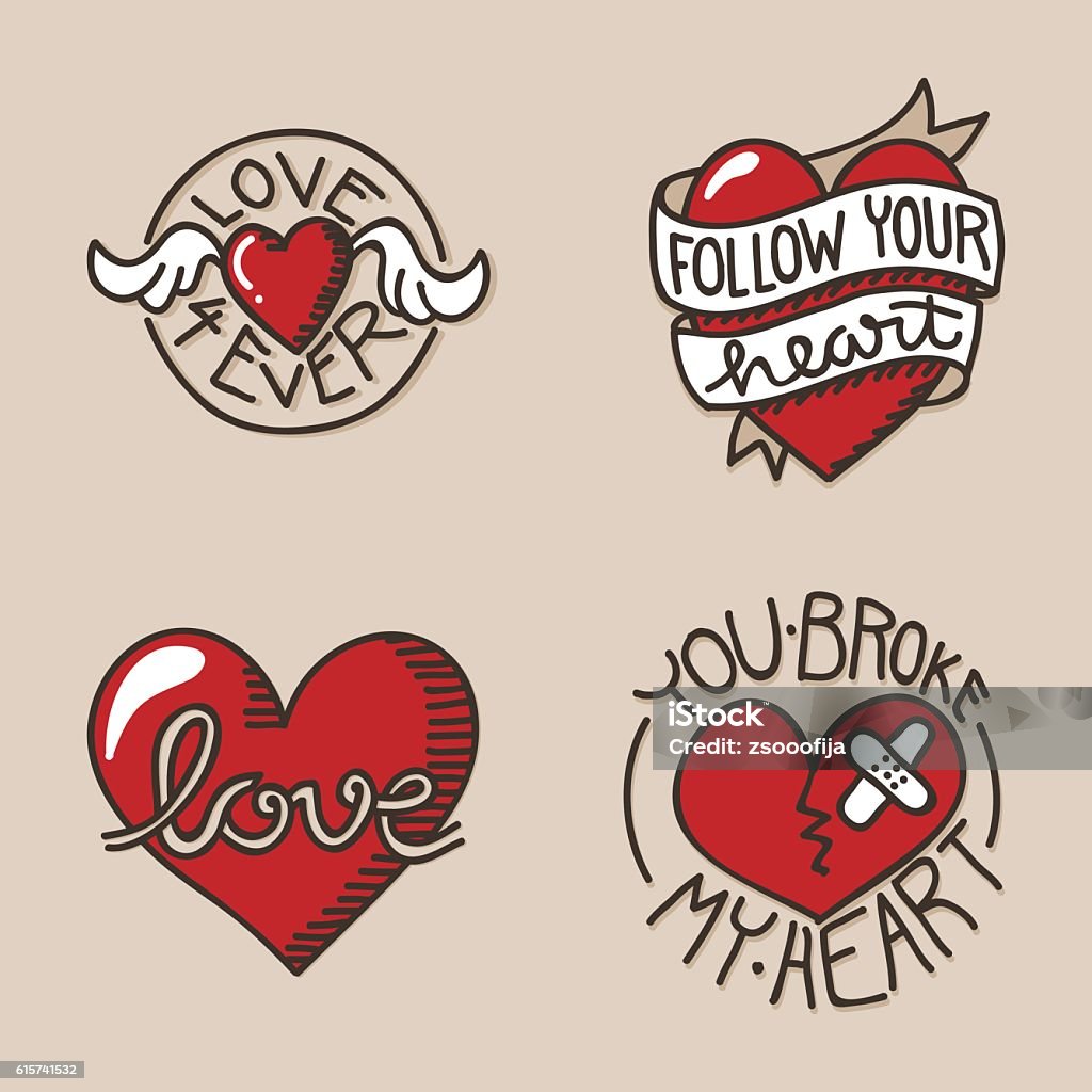 Heart icons Set of love related icons, with hand lettering and handdrawn heart Tattoo stock vector