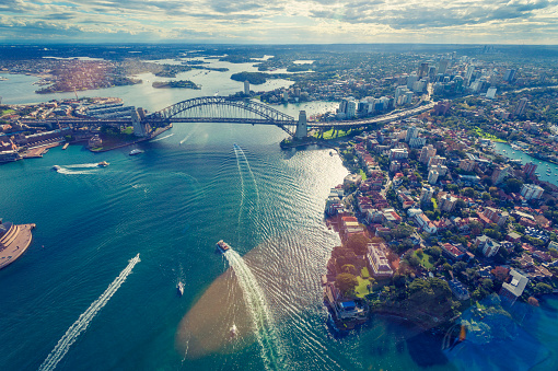 Aerial view of Sydney Harbor in Australia with harbor bridge