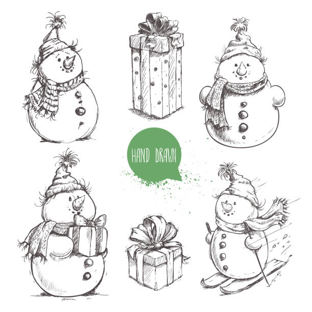 illustrazioni stock, clip art, cartoni animati e icone di tendenza di set di pupazzi di neve in stile sketch e scatole regalo di natale. - wrapping paper christmas gift snowman