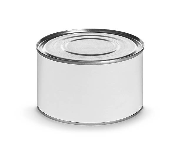 istock Closed fish or food tin can with blank white label 615746256