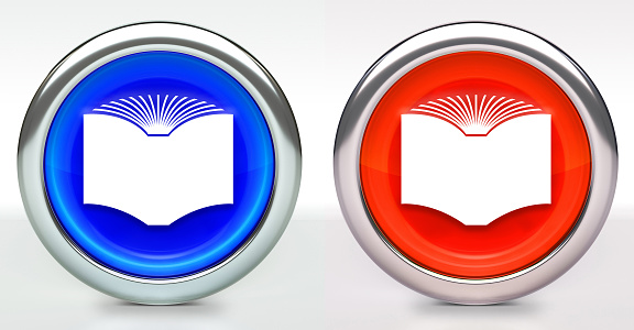 Book Icon on Button with Metallic Rim. The icon comes in two versions blue and red and has a shiny metallic rim. The buttons have a slight shadow and are on a white background. The modern look of the buttons is very clean and will work perfectly for websites and mobile aps.