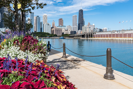 Walkway along the Chicago pier with skyline in background