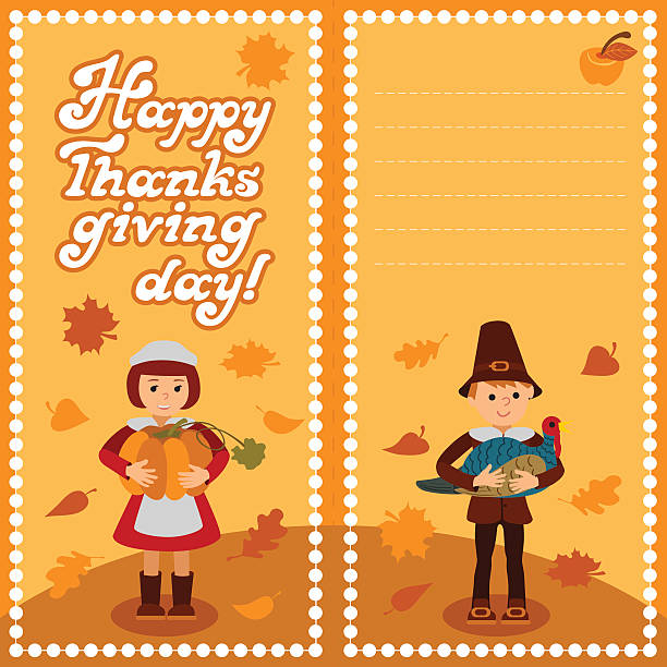 축하 어린이 호박과 칠면조 벡터와 추수 감사절 카드 - thanksgiving pilgrim turkey little girls stock illustrations