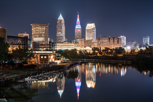 Cleveland city skyline at night across the Cuyahoga river