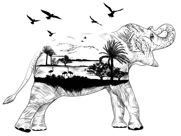 bildbanksillustrationer, clip art samt tecknat material och ikoner med vector double exposure, african elephant for your design - animal double exposure