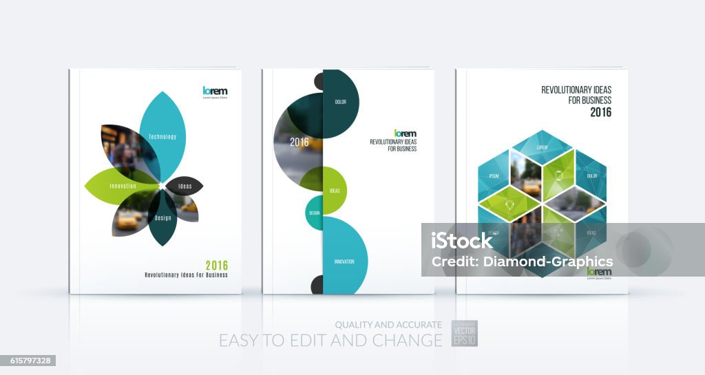 Brochure template layout collection, cover design annual report, Brochure template layout collection, cover design annual report, magazine, flyer in A4 with green flower petals shapes, rhombus, circle for business, nature idea. Abstract vector design set. Book Cover stock vector