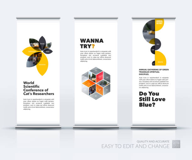 Vector set of modern roll Up Banner stand design with Vector set of modern roll Up Banner stand design with flower petals shapes for engineering, business, nature. Brochure and presentation for exhibition, show, fair. roll up banner photos stock illustrations