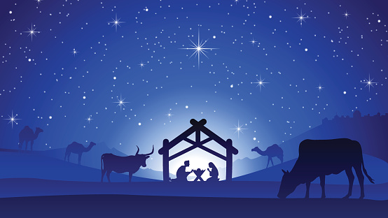 A nice illustration of the Birth of Jesus Christ in a manger with Mary and Joseph. Camels and cows surrounding the area.