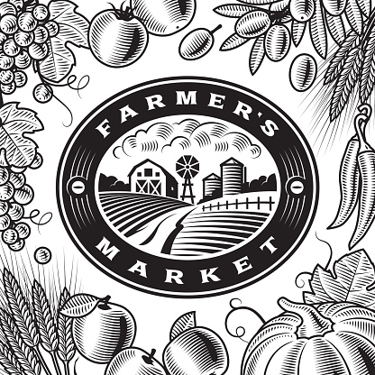 Vintage Farmers Market label with fruits and vegetables in woodcut style. Black and white editable vector illustration with clipping mask.