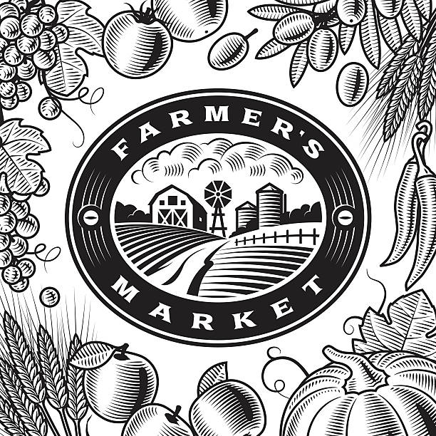 Vintage Farmers Market Label Black And White Vintage Farmers Market label with fruits and vegetables in woodcut style. Black and white editable vector illustration with clipping mask. farmer drawings stock illustrations