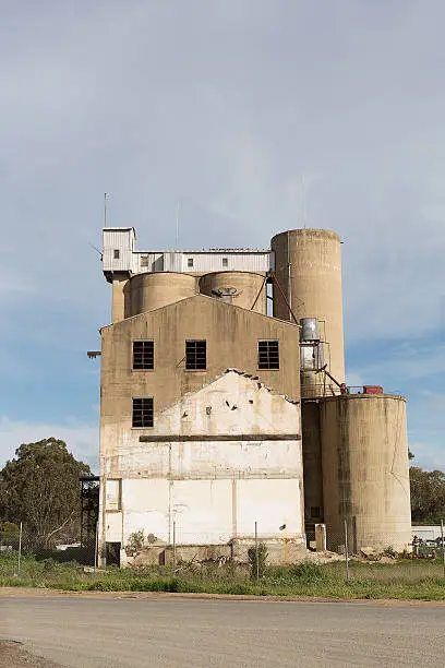 Grain silos on the railway line in the tiny rural village of Tocumwal, New South Wales, Australia