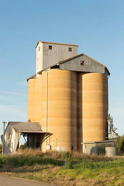 Grain silos on the railway line in rural  New South Wales, Australia