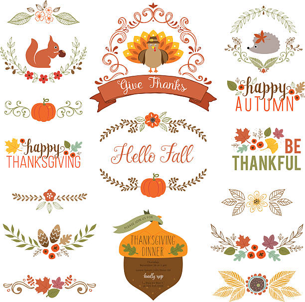 ilustrações de stock, clip art, desenhos animados e ícones de fall and thanksgiving set - bolota ilustrações