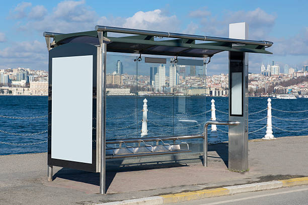 istock Blank bus stop billboard on street 615802120