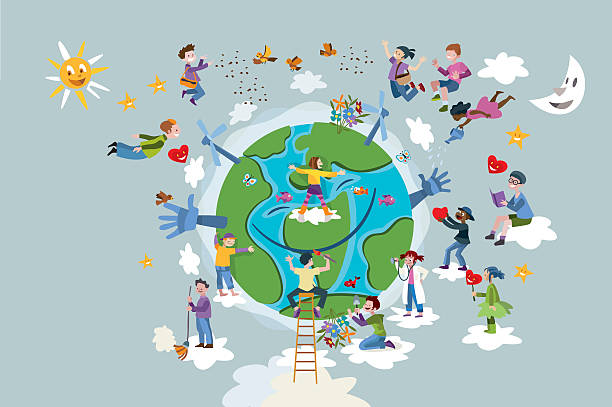 Children Take care of Planet Earth Circle of happy children of different races working and playing together take care of Planet Earth. cartoon earth happy planet stock illustrations