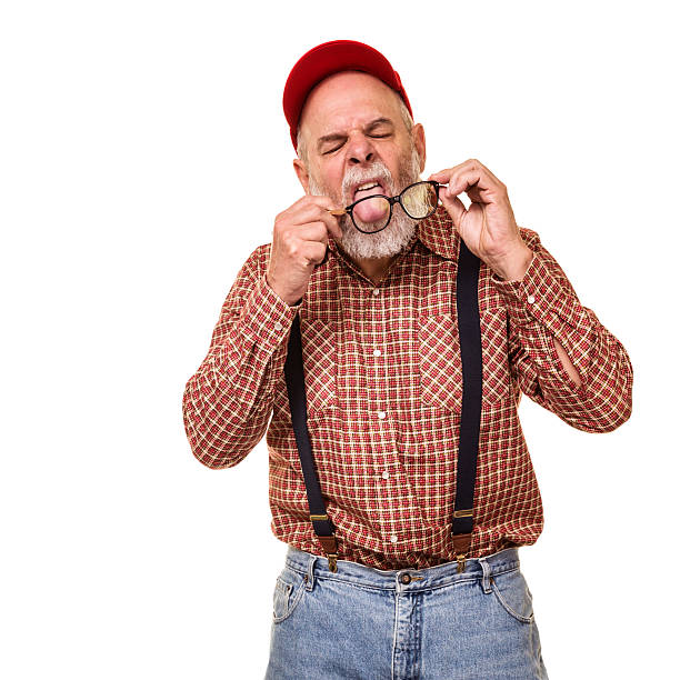 Resourceful Redneck Hillbilly Man Licking Eyeglasses To Clean Them