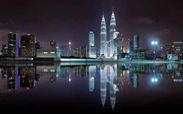 Night view of kuala lumpur city skyline with stunning reflection in water