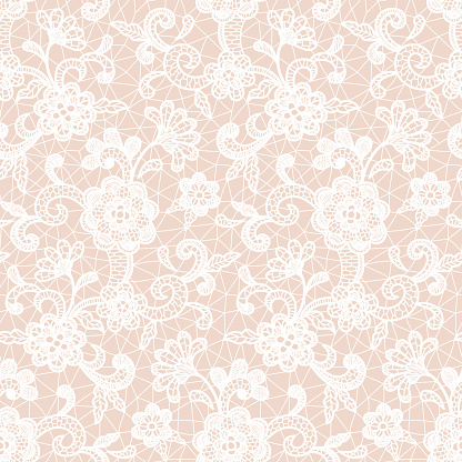 White lace design with floral motifs on a peach colored background. Vector seamless repeating pattern.