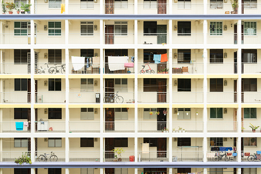 The facade of a Public Housing Flat at Old Airport Road, Singapore. A glimpse of people's life on living in 50 years old apartments.