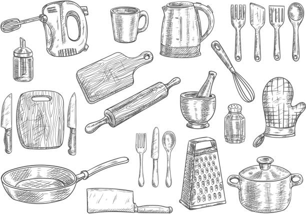 illustrations, cliparts, dessins animés et icônes de ustensiles et appareils de cuisine croquis isolés - kitchen equipment illustrations