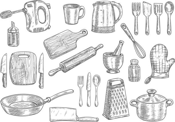 Kitchen utensils and appliances isolated sketches Kitchen utensils and appliances isolated sketches. Cooking pot, knife, fork, frying pan, spoon, cup, spatula, electric kettle, hand mixer, cutting board, whisk, rolling pin and grater cooking utensil stock illustrations
