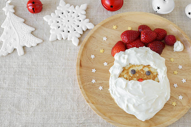Fun homemade santa pancake breakfast for kids,copy space backgro