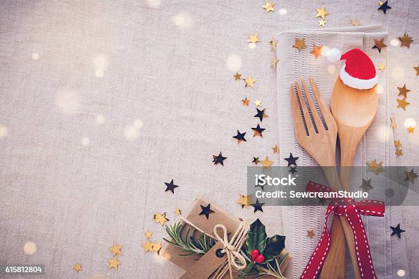 Christmas Table Place Setting Holidays Copy Space Fairy Light T Stock Photo - Download Image Now