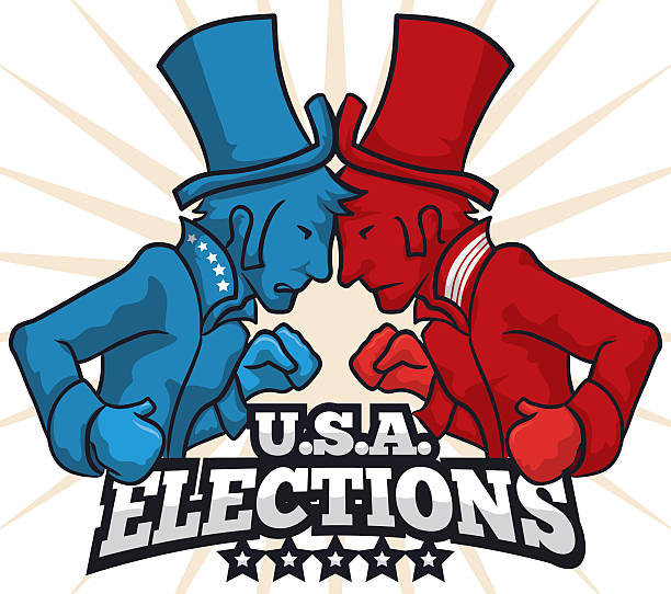 Party Contenders with Hats and Boxing Gloves in American Elections Poster with party contenders wearing top hats and boxing gloves for next elections in U.S.A. republican national convention stock illustrations
