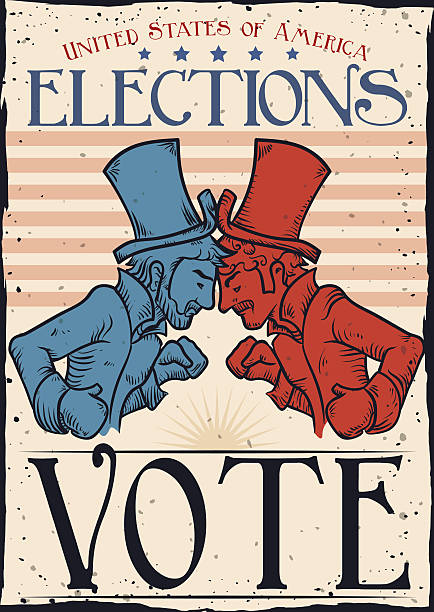 Retro Poster with American Traditional Party Contenders Retro poster with fighters wearing top hats and boxing gloves of traditional American political parties for the next elections in hand drawn style. republican national convention stock illustrations