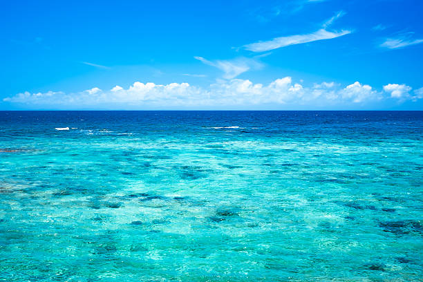Okinawa shining emerald green of lagoon and distant white clouds