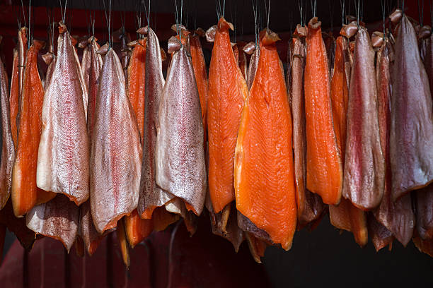 salmone appeso in un modello ordinato per fumare - affumicato foto e immagini stock