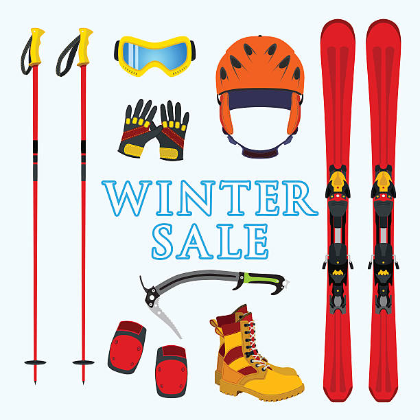 istock Winter sale of ski, snowboarding equipment, stuff in flat style. 615822042