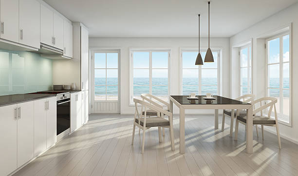 istock Sea view dining room and kitchen in beach house 615822504