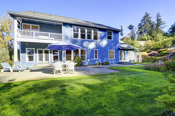 istock Classic American suburban house with grass filled back yard. 615822928
