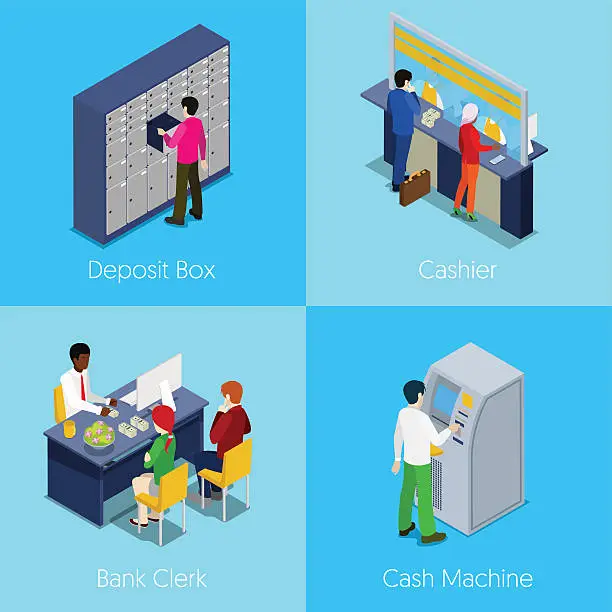 Vector illustration of Isometric Bank Services Concept. Deposit Box, Cashier, Cash Machine