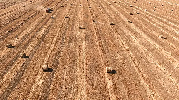 Aerial image of a tractor straw baler working in an agricultural field.