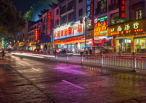 Nightshot of main road  in Yangshuo, China.