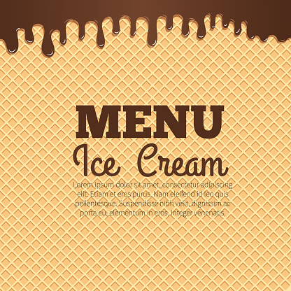 Chocolate ice cream flowing over waffle texture background with text layout in the center. Cafe menu, ice cream dessert poster, food packaging design