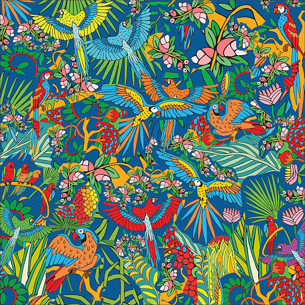 Parrots in the Jungle. Hand Drawn Tropical Life Pattern. Parrots in the Jungle. Hand Drawn Tropical Life Pattern. Background on the Jungle theme. amazonia stock illustrations