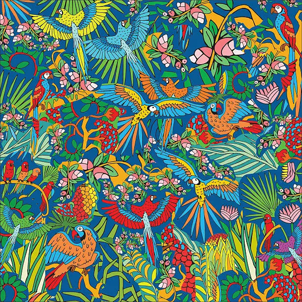 Vector illustration of Parrots in the Jungle. Hand Drawn Tropical Life Pattern.