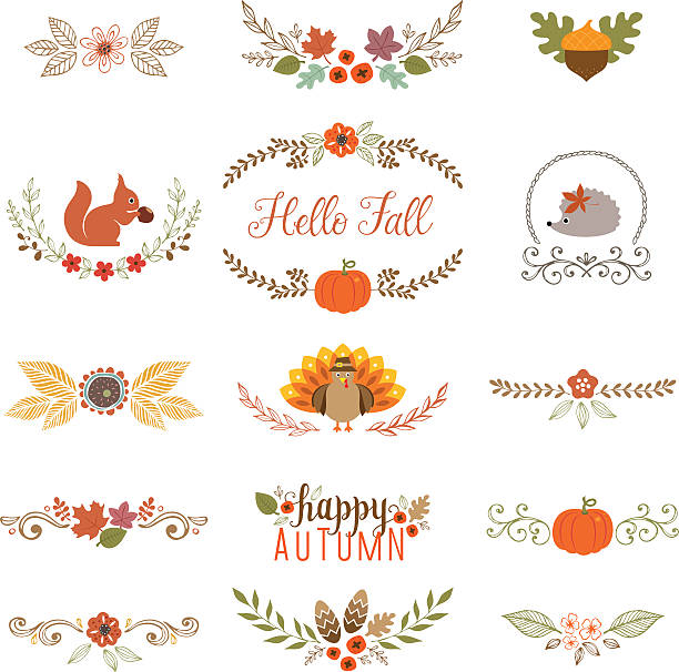 ilustraciones, imágenes clip art, dibujos animados e iconos de stock de colección de otoño - wreath autumn flower thanksgiving