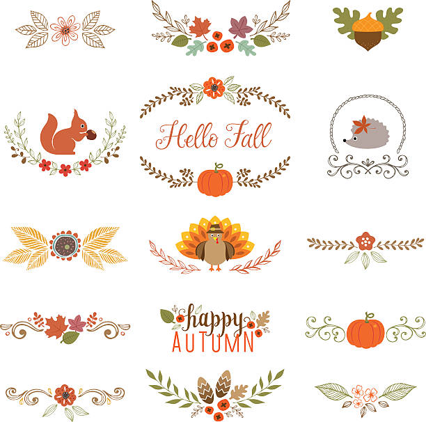illustrazioni stock, clip art, cartoni animati e icone di tendenza di collezione autunnale - wreath autumn flower thanksgiving