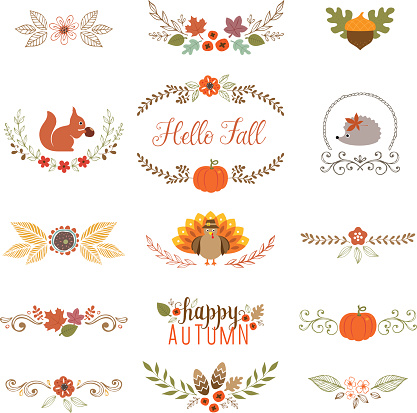 Autumn set with turkey, squirrel, hedgehog, fall leaves, floral motifs, pumpkin, acorn, wreath, laurels and banner.