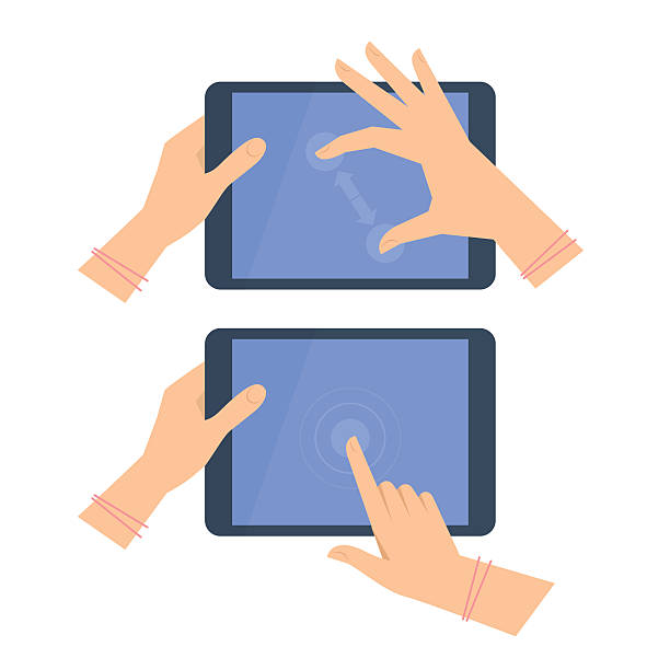 Various gestures of female hands with tablet screen. Various gestures of female hand with tablet screen. Vector flat illustration of woman's hands, portable PC, pad with interactive multitouch display. Vector design element for infographic, presentation ipad hand stock illustrations