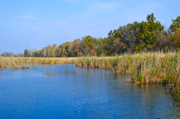 istock Beautiful lake and blue sky on autumn 615832328
