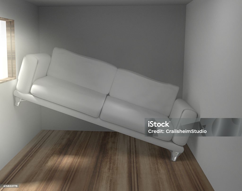 Space problems in the too small living room Space problems in the too small living room 3d render Sofa Stock Photo