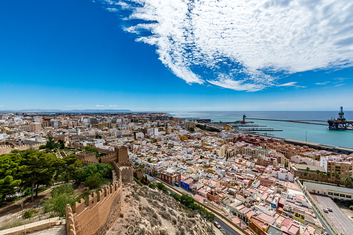 Panoramic cityscape of Almeria (Almería) with the walls of Alcazaba (Castle), Spain 