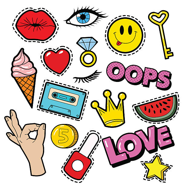 ilustraciones, imágenes clip art, dibujos animados e iconos de stock de insignias de moda, parches, pegatinas, labios, corazón, estrella en estilo cómico - coin label vector illustration and painting